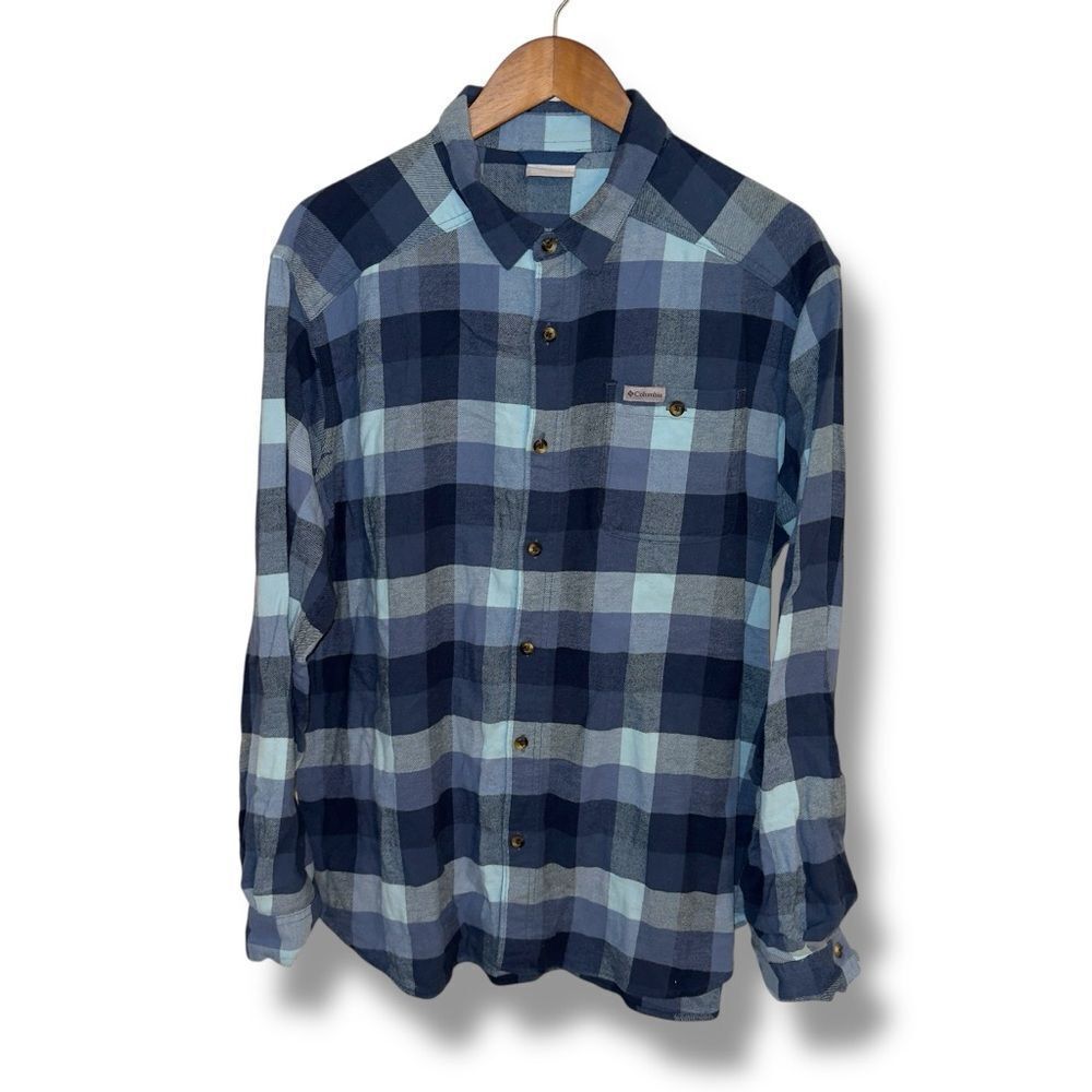 Columbia Blue Check Brushed Cotton Flannel Button Down Shirt Sz L